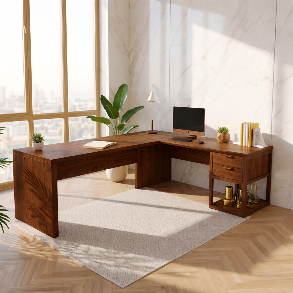 Modern L Shaped Desk with Drawers Home Office Corner Workstation Minimal Design Table