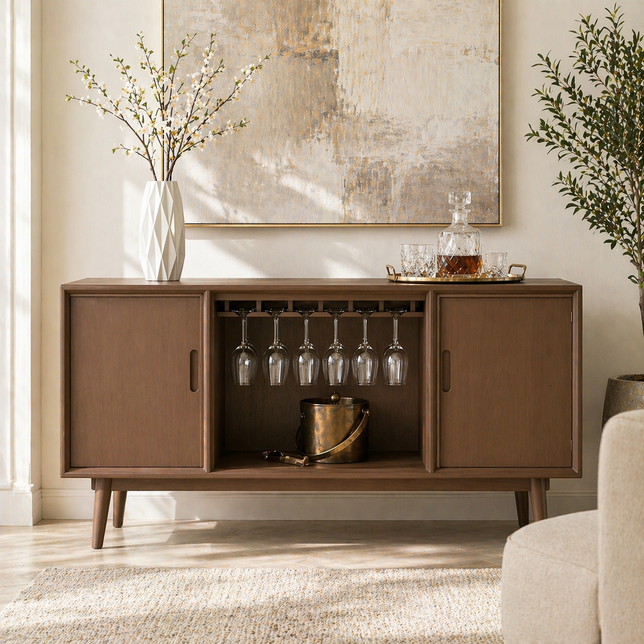 Mid Century Modern Bar Cabinet Liquor Storage Console With Glass Rack Doors