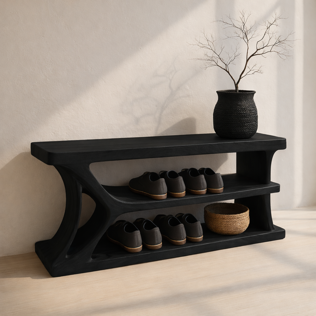 Modern Solid Wood Shoe Storage Bench – Entryway Wooden Bench with Open Shelves
