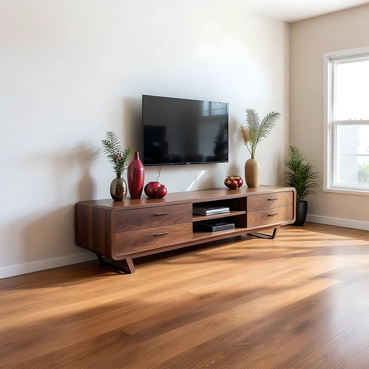 Solid Wood TV Stand Walnut Mid Century Modern Media Console with Storage