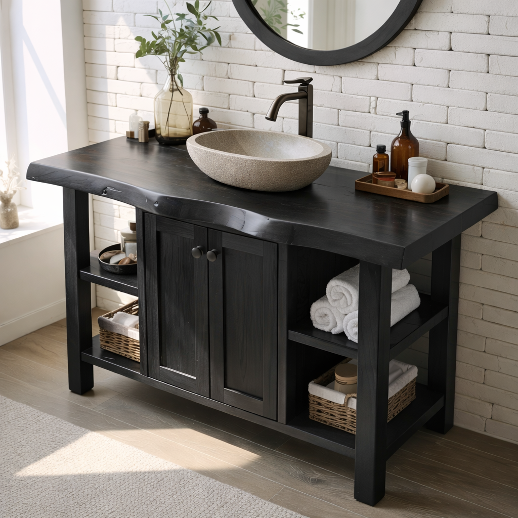 Rustic Solid Wood Bathroom Vanity Cabinet With Doors And Open Shelves