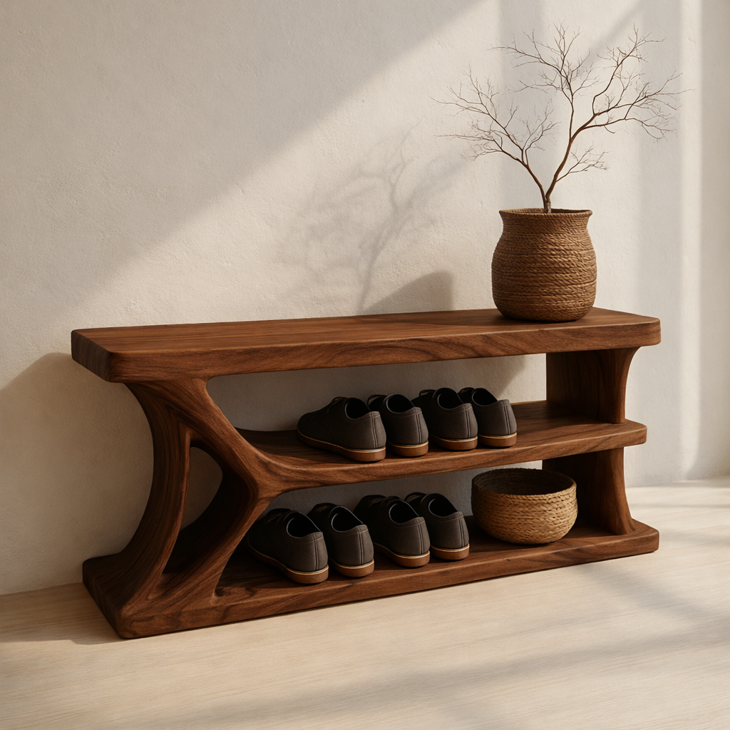 Modern Solid Wood Shoe Storage Bench – Entryway Wooden Bench with Open Shelves