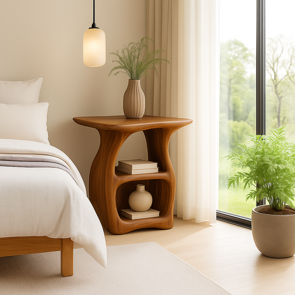 Contemporary Oak Nightstand with Unique Curved Shelves - Minimalist Design
