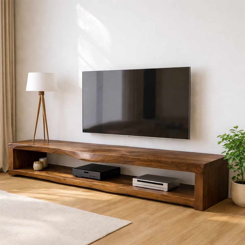 Solid Wood Live Edge TV Stand Long Oak Media Console Rustic Low Profile Entertainment Unit