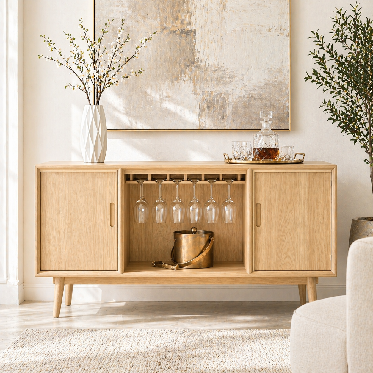 Mid Century Modern Bar Cabinet Liquor Storage Console With Glass Rack Doors
