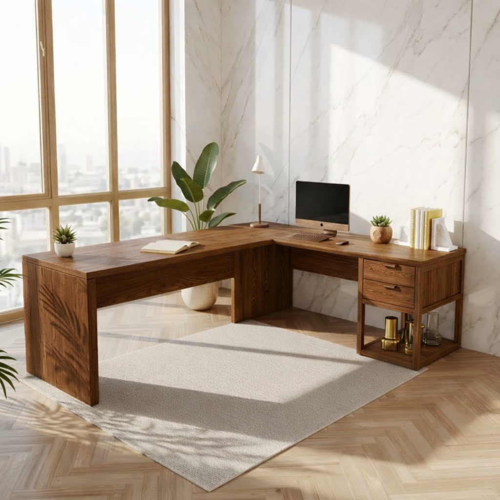 Modern L Shaped Desk with Drawers Home Office Corner Workstation Minimal Design Table