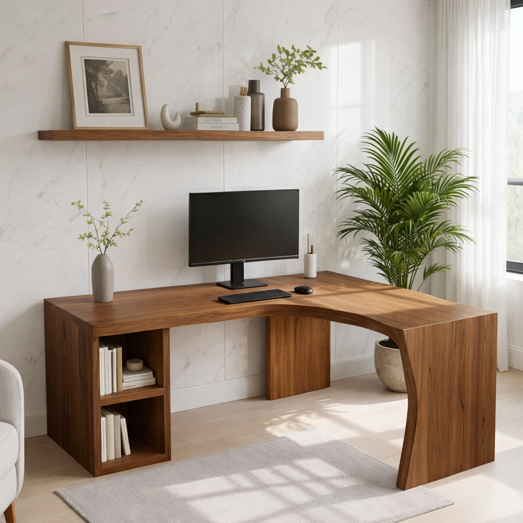 Modern L-Shaped Solid Wood Desk with Live Edge Corner Design – Walnut Home Office Workstation