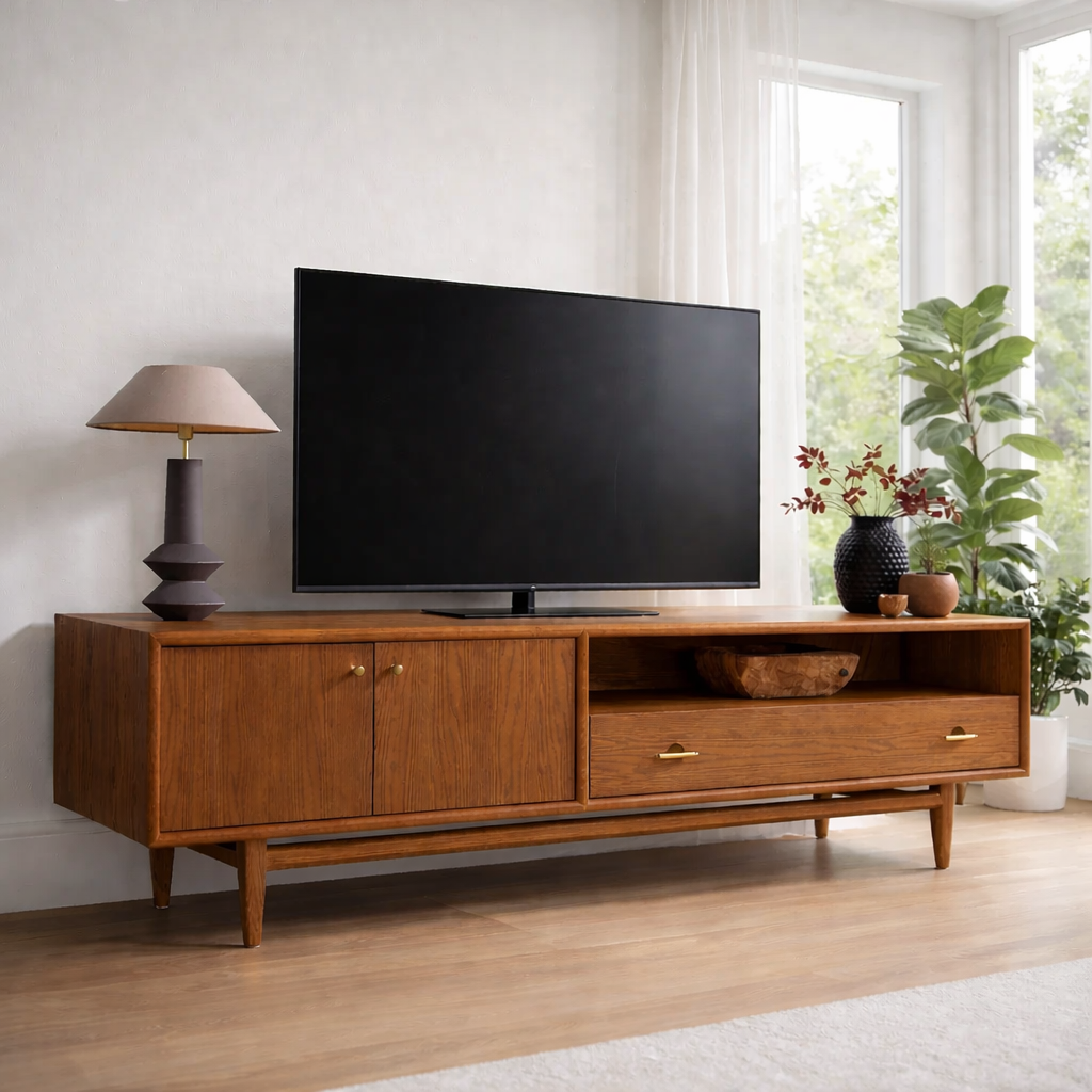 Mid Century Solid Wood TV Console with Cabinet & Drawer Storage