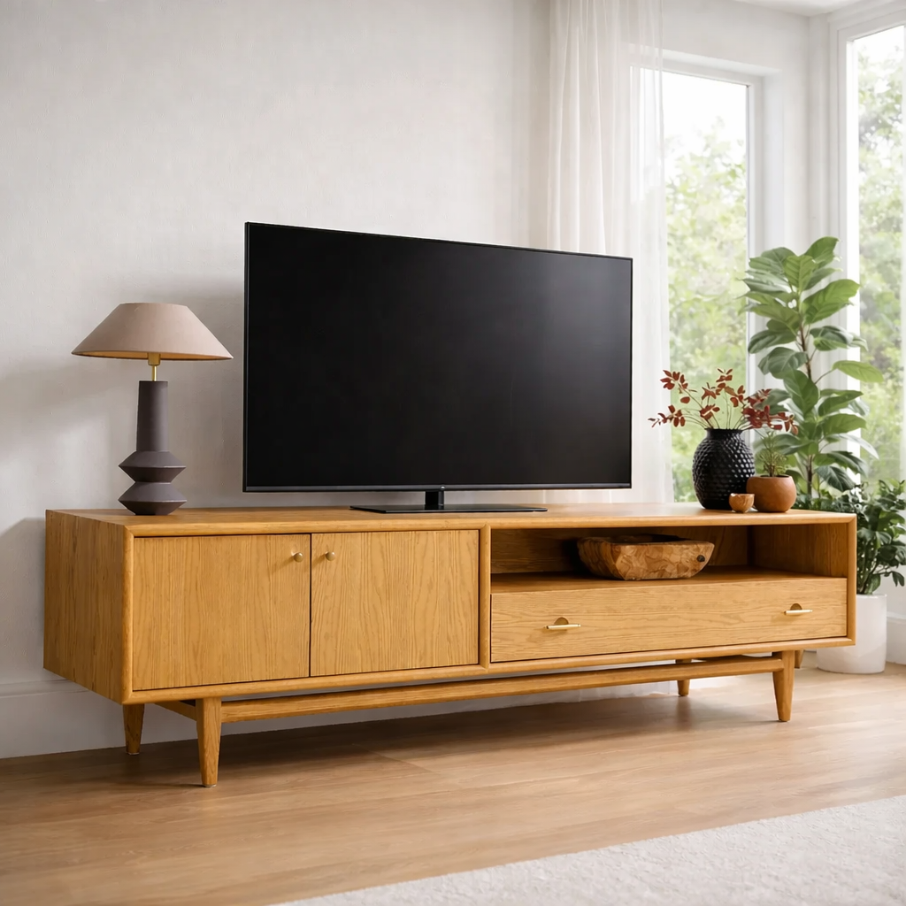 Mid Century Solid Wood TV Console with Cabinet & Drawer Storage