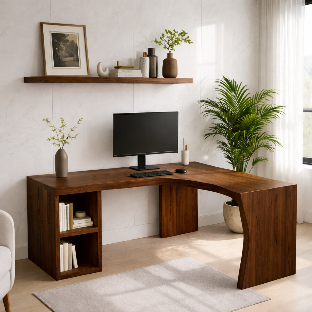 Modern L-Shaped Solid Wood Desk with Live Edge Corner Design – Walnut Home Office Workstation