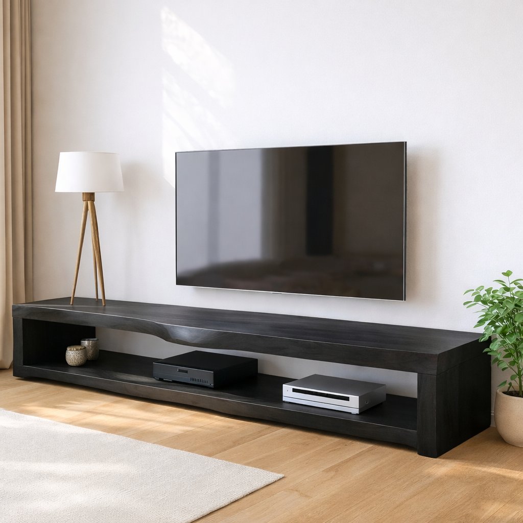 Solid Wood Live Edge TV Stand Long Oak Media Console Rustic Low Profile Entertainment Unit