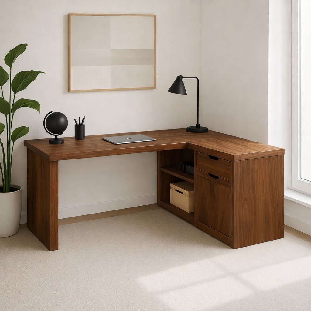 L-Shaped Walnut Desk with Storage – Corner Workspace Solution