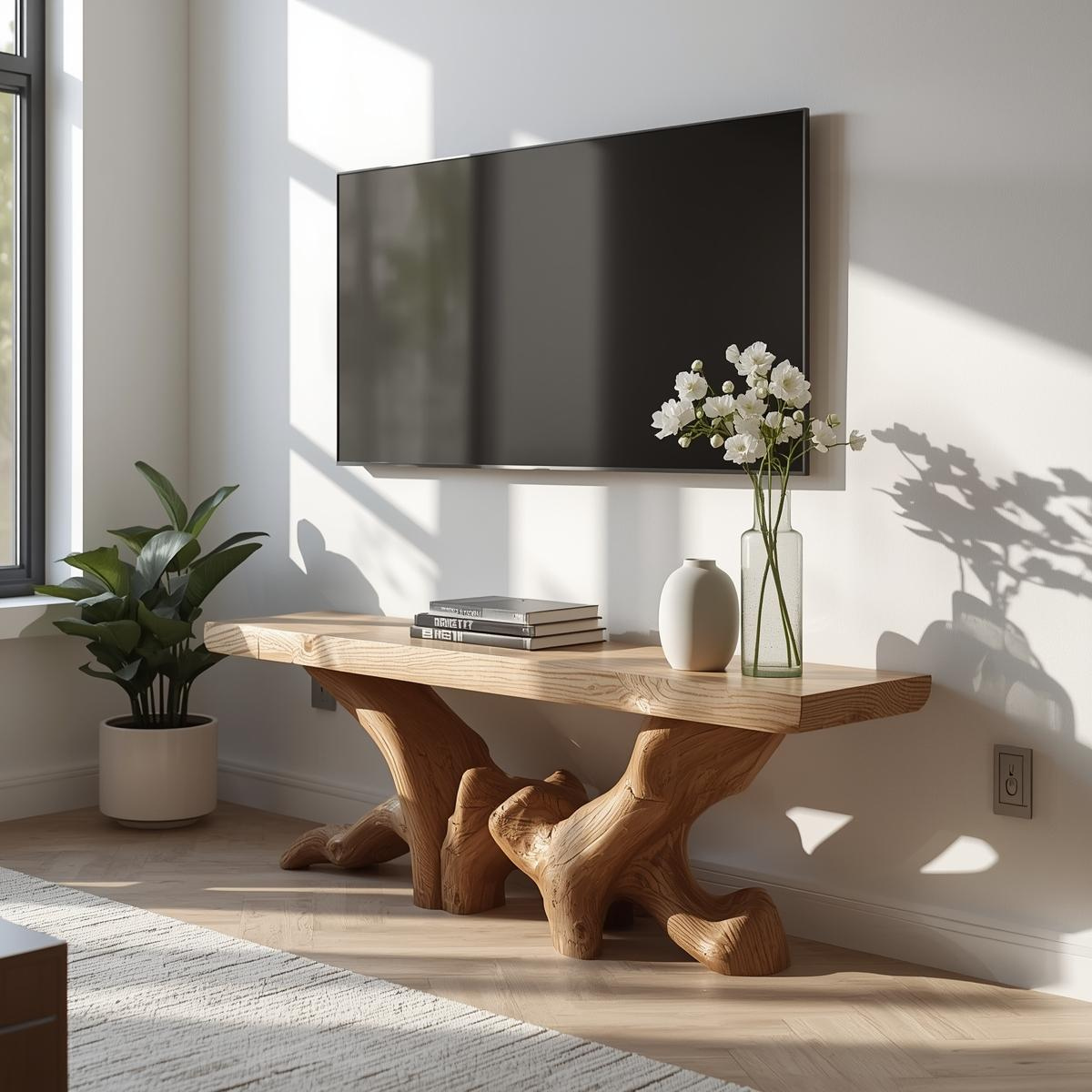 Rustic Solid Wood TV Stand Sculptural Media Console Natural Wood Entertainment Table