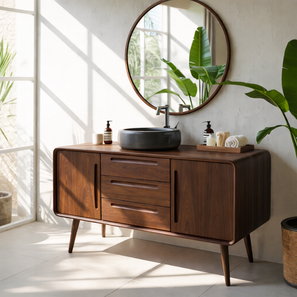 Mid Century Modern Solid Wood Bathroom Vanity Cabinet With Drawers And Doors