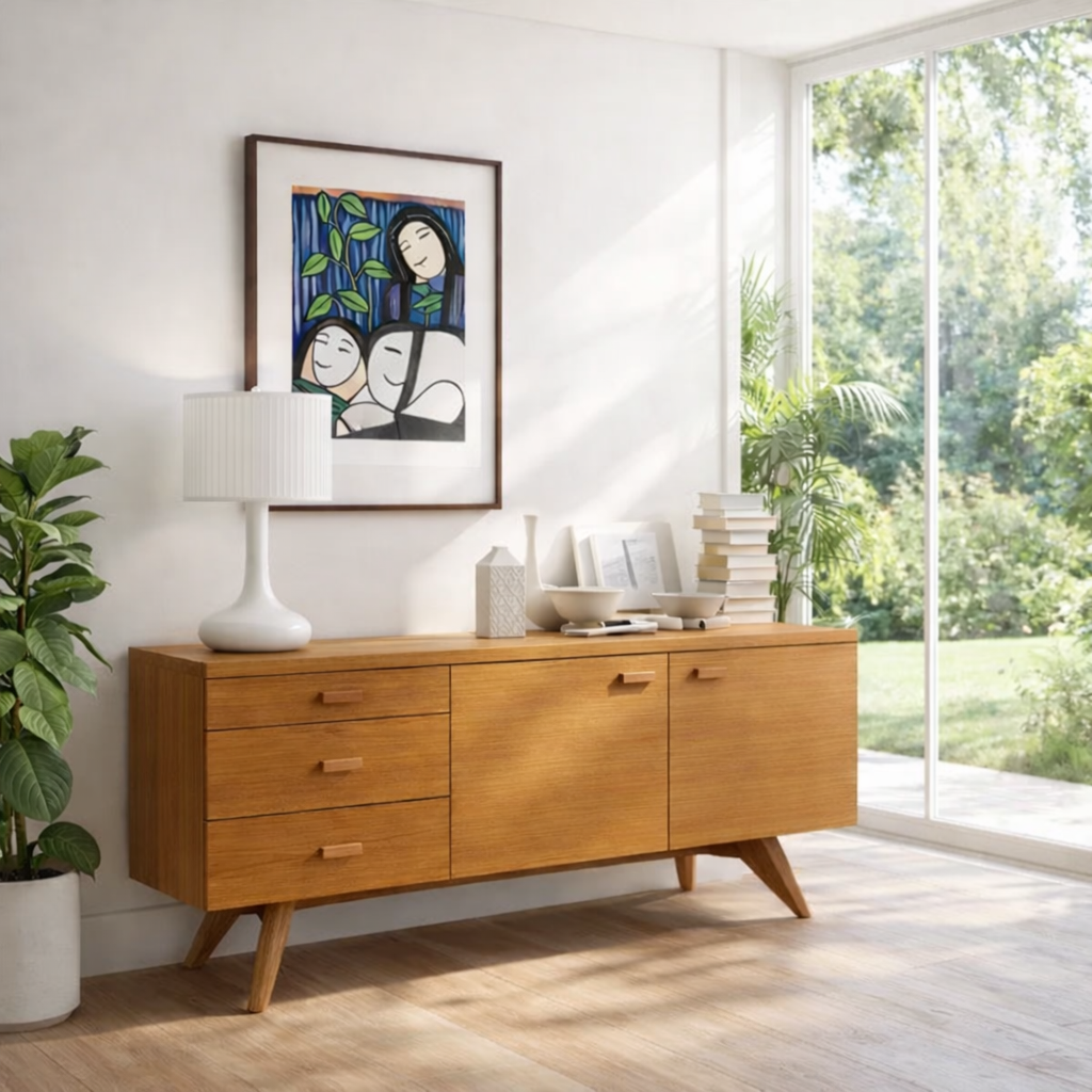 Mid Century Sideboard Cabinet with Drawers and Doors