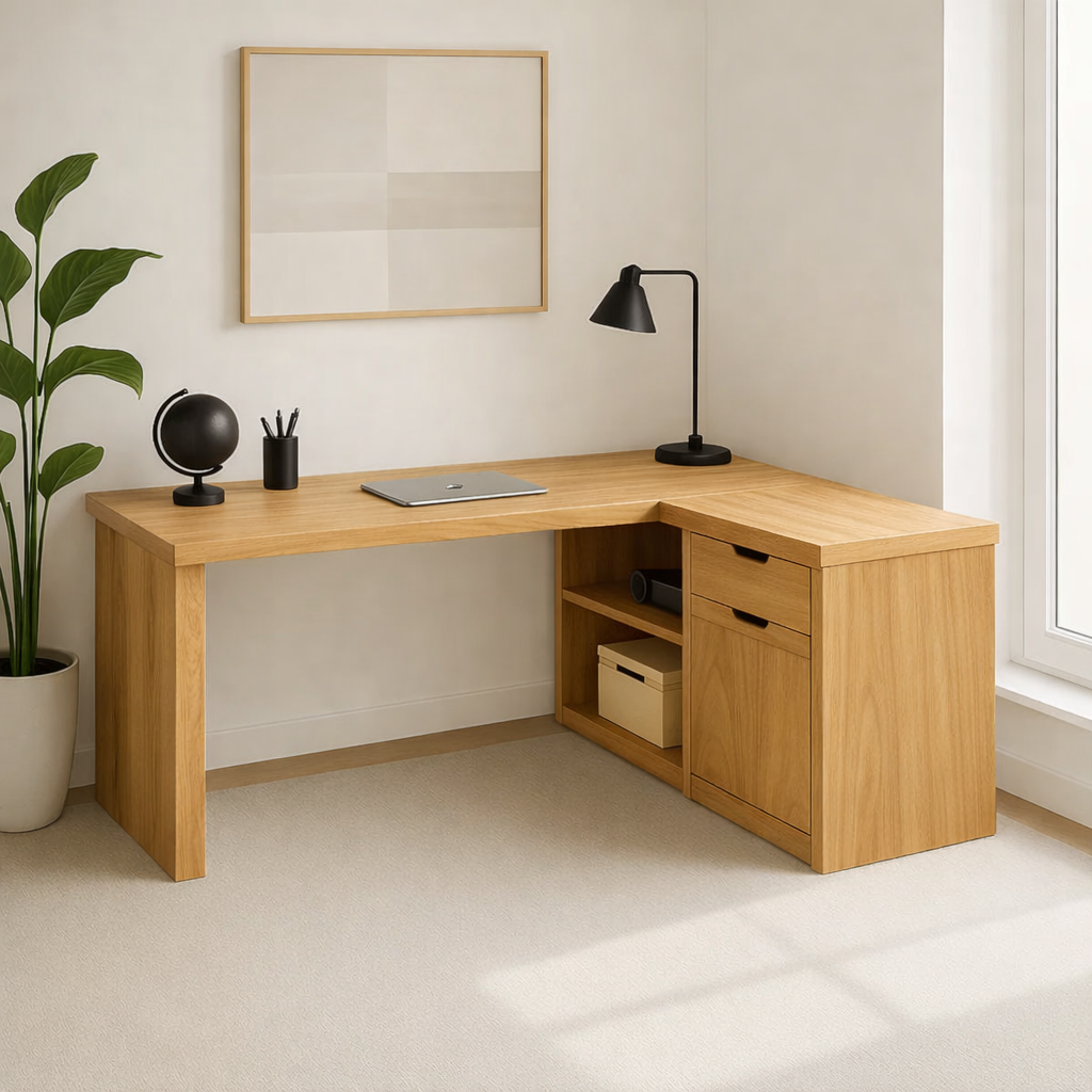 L-Shaped Walnut Desk with Storage – Corner Workspace Solution