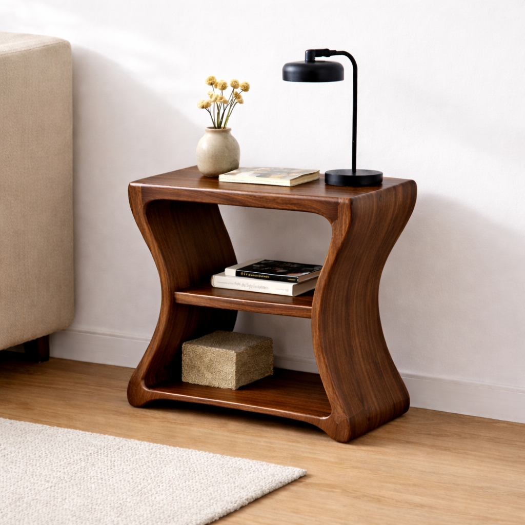 Solid Wood Curved End Table with Shelf – Natural Wooden Side Table for Living Room