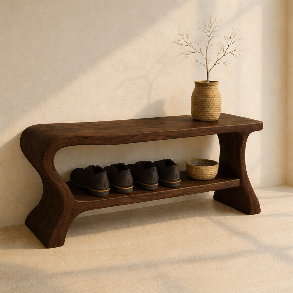 Minimalist Wooden Shoe Storage Bench – Solid Wood Entryway Bench with Shelf