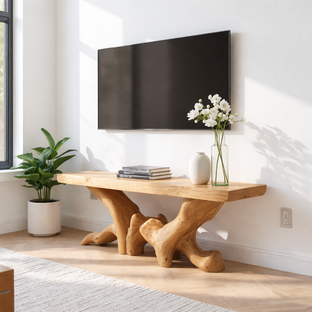 Rustic Solid Wood TV Stand Sculptural Media Console Natural Wood Entertainment Table