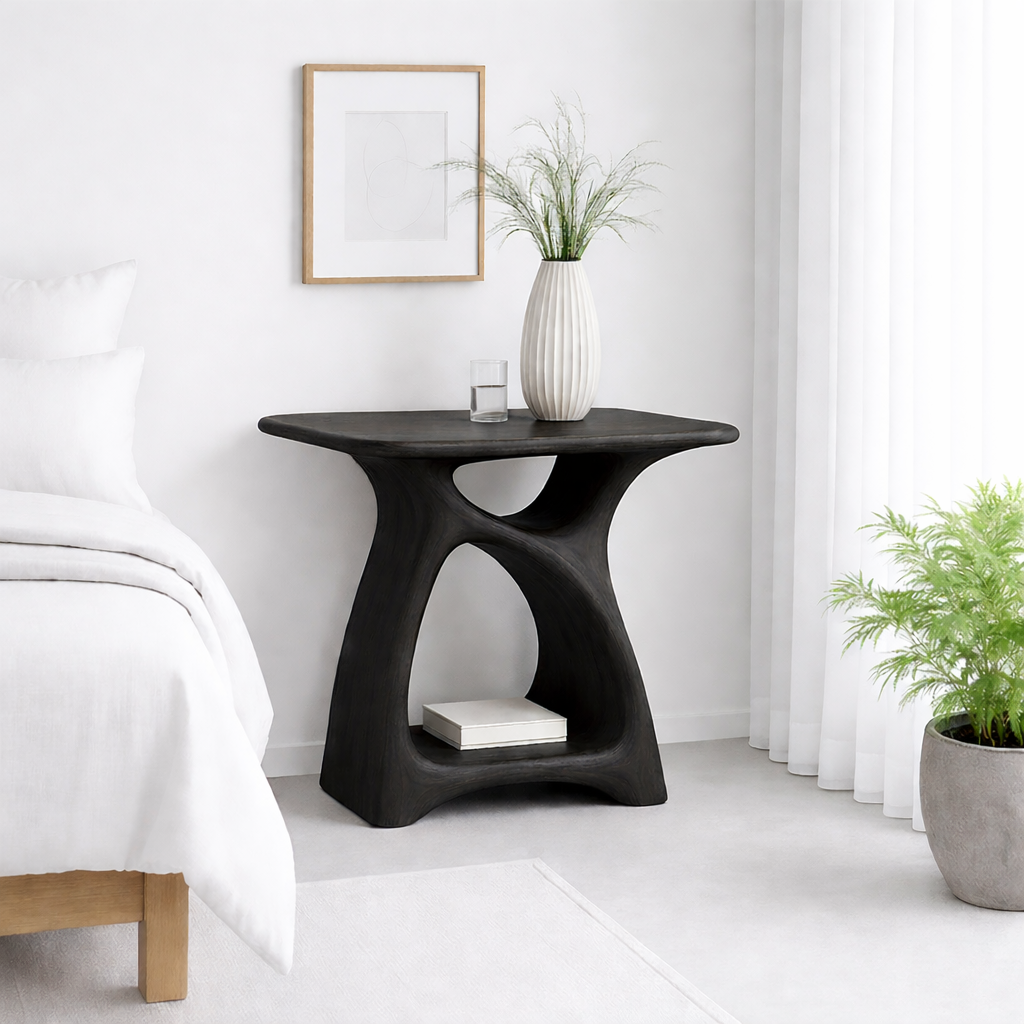 Modern Nightstand with Curved Design and Open Shelves - Dark Wood Finish