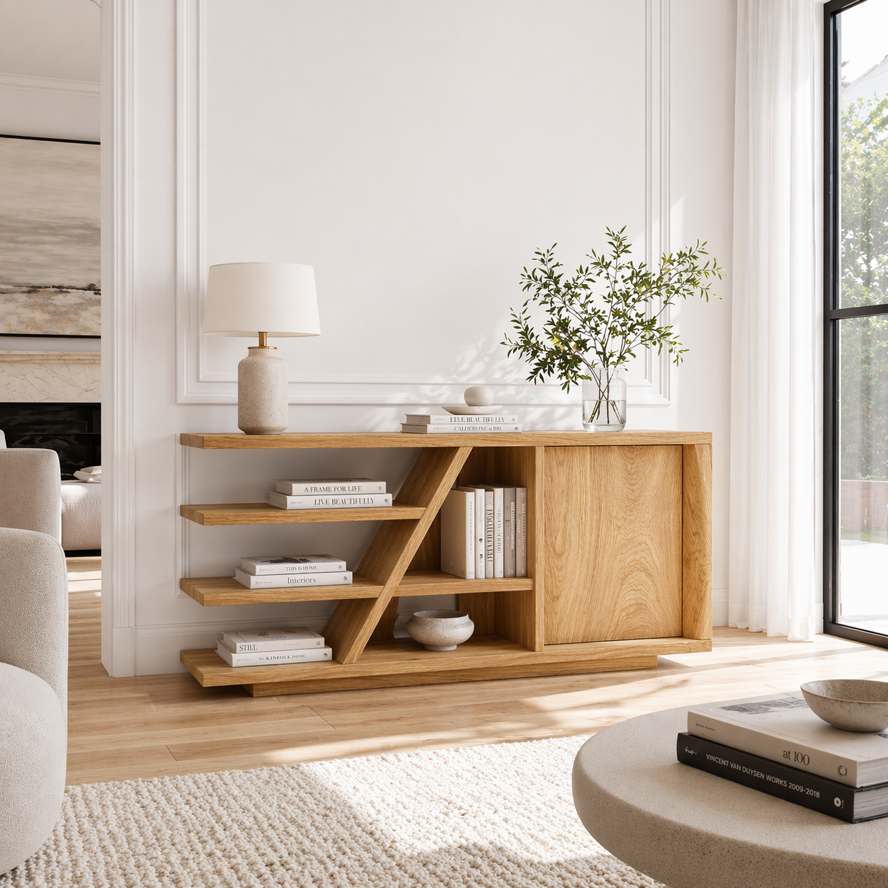 Solid Wood Console Sideboard with Open Shelves – Modern Walnut Storage Cabinet