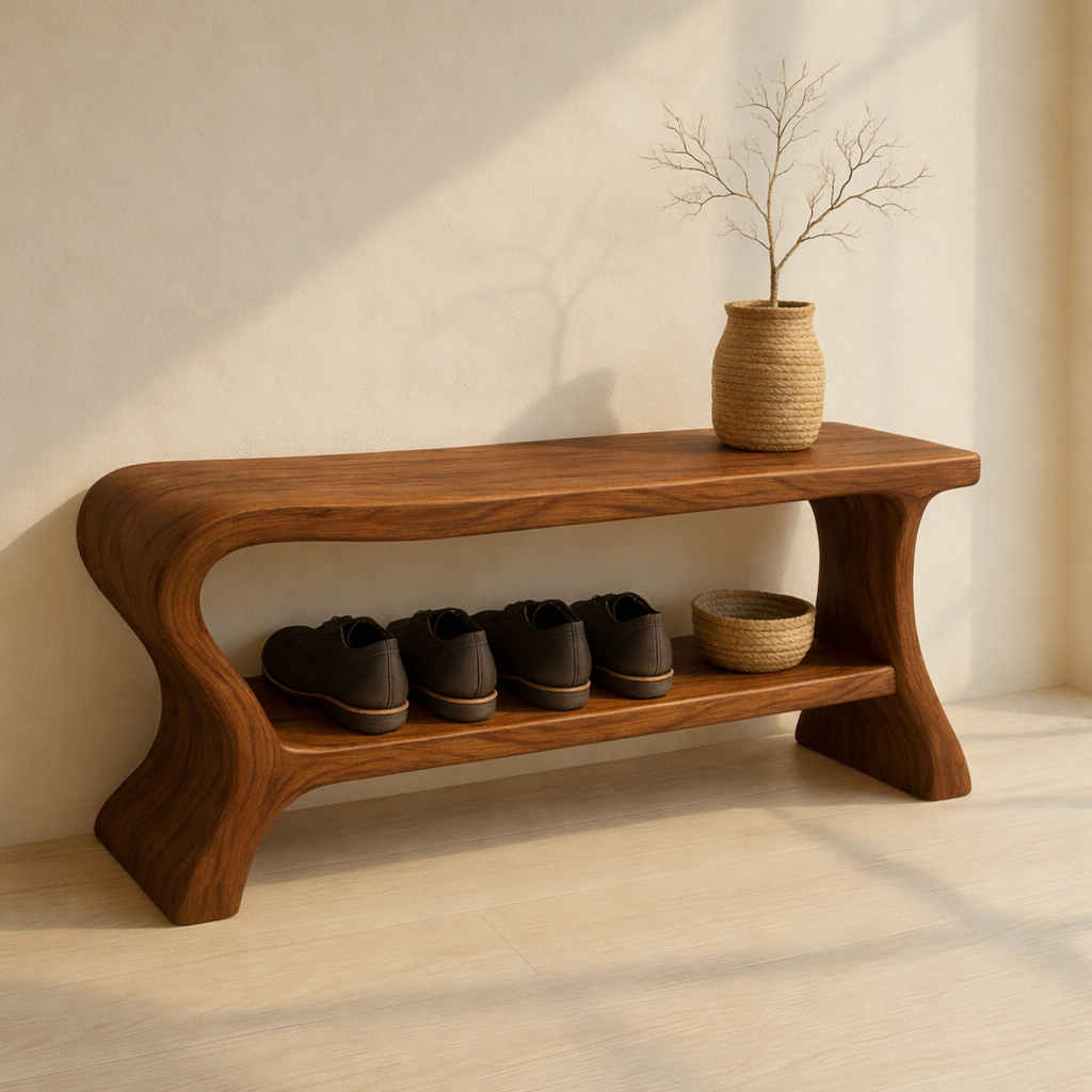 Minimalist Wooden Shoe Storage Bench – Solid Wood Entryway Bench with Shelf