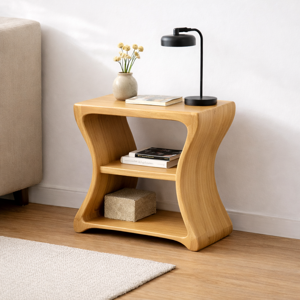 Solid Wood Curved End Table with Shelf – Natural Wooden Side Table for Living Room