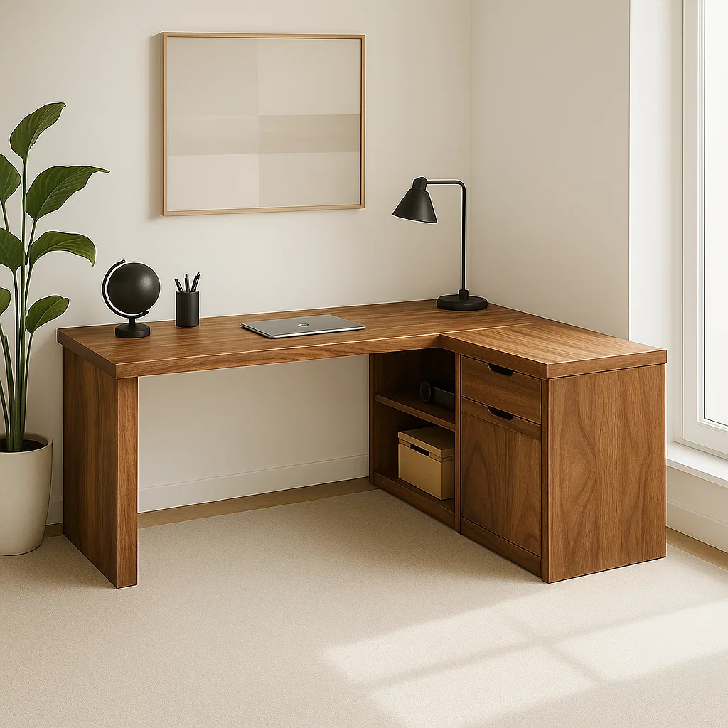 L-Shaped Walnut Desk with Storage – Corner Workspace Solution
