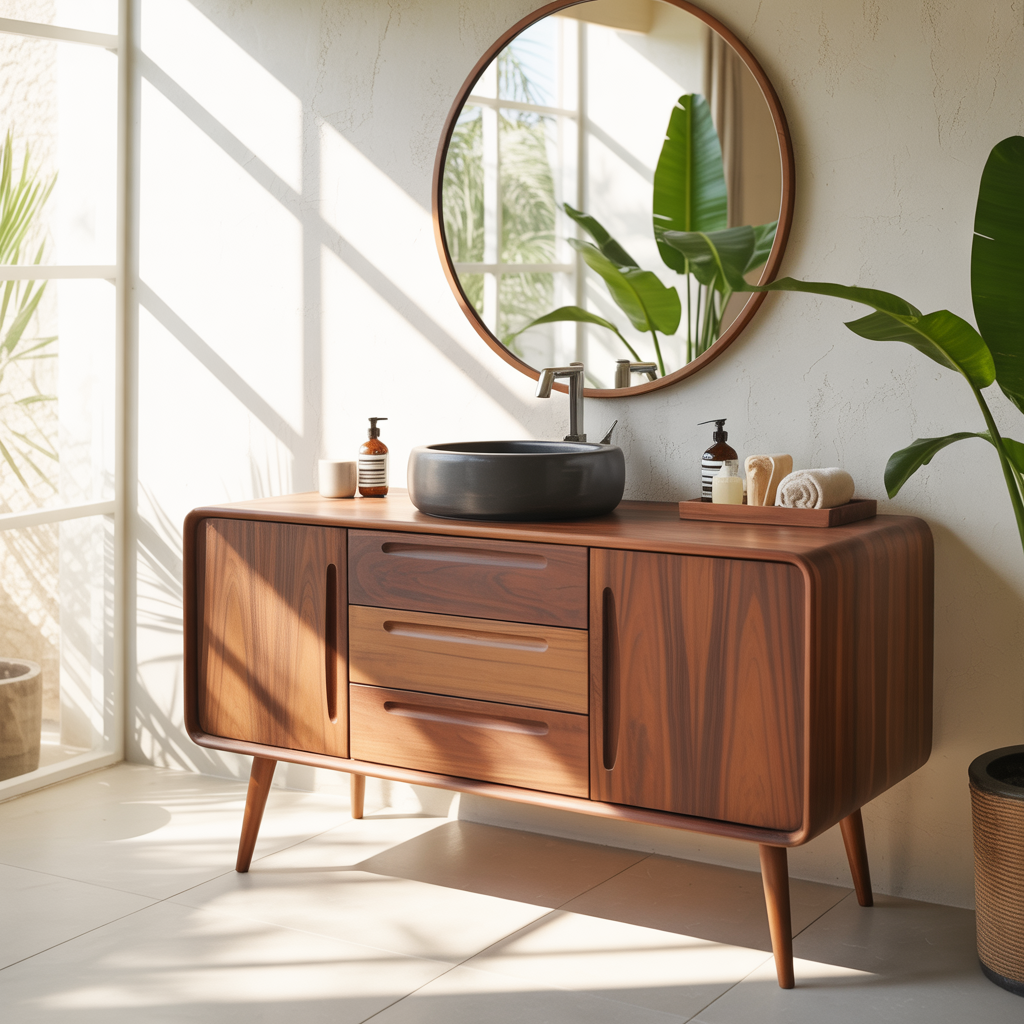 Mid Century Modern Solid Wood Bathroom Vanity Cabinet With Drawers And Doors