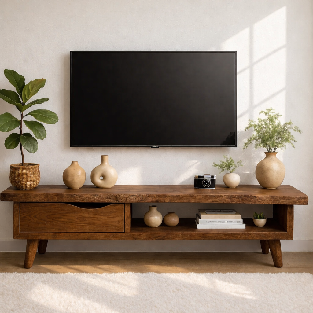 Handcrafted Solid Wood TV Stand with Drawer and Open Shelf, Mid Century Modern Media Console