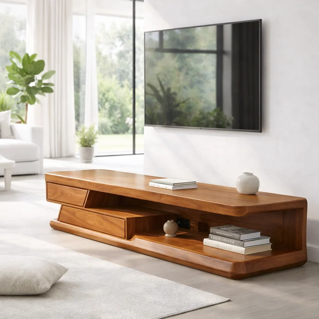 Solid Wood Media Console with Open Shelf & Drawer, Modern Low TV Stand