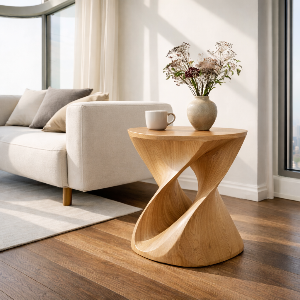 Modern Sculptural Solid Wood End Table – Artistic Curved Side Table for Living Room