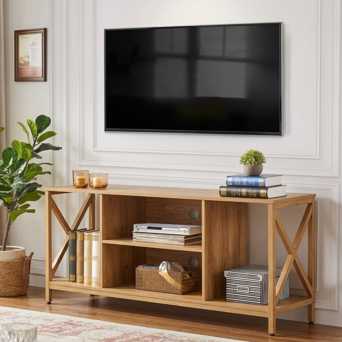Modern Solid Wood TV Stand with Open Shelves X Frame Sides Media Console