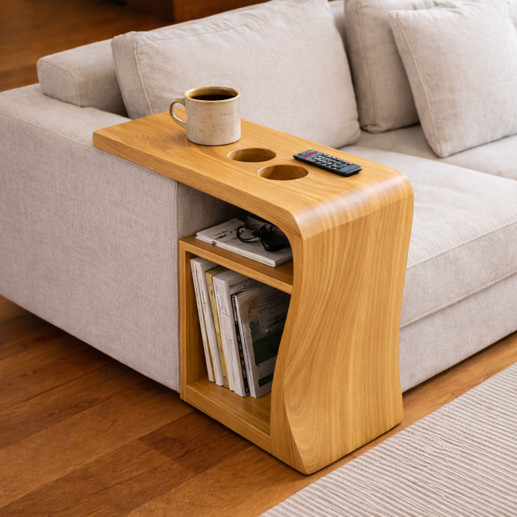 Solid Wood Sofa Armrest Table with Cup Holders and Storage – Couch Arm Tray