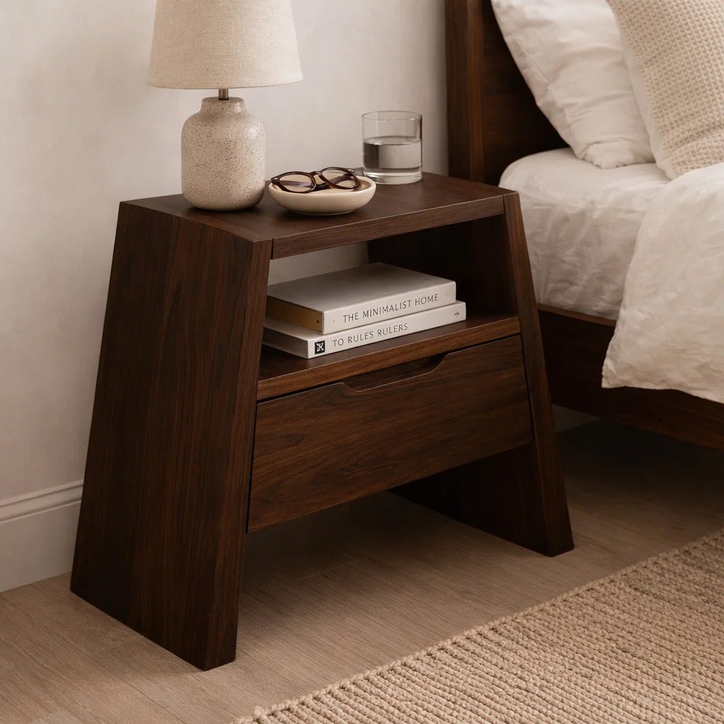 Solid Wood End Table with Drawer and Open Shelf – Modern Angled Bedside Table