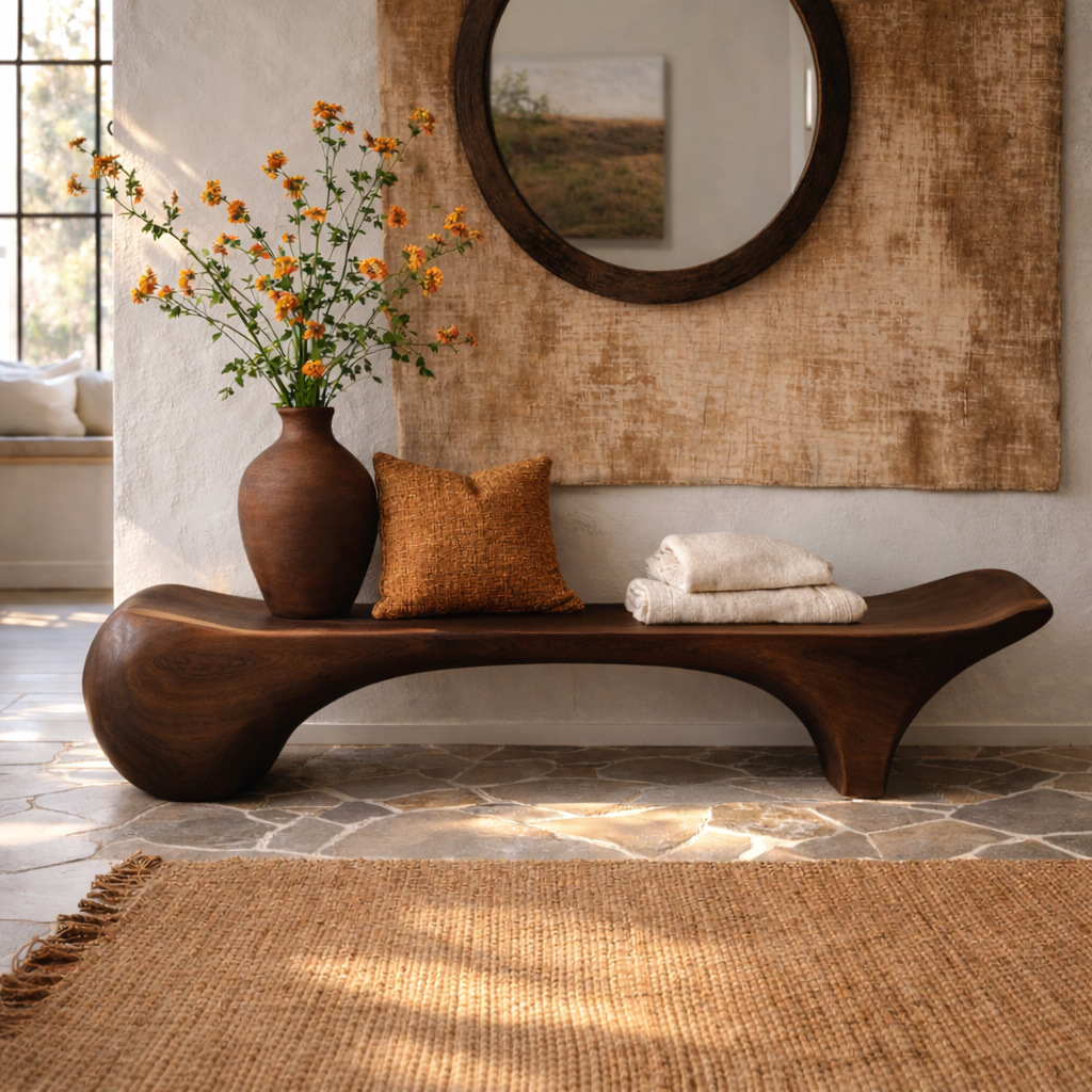 Sculptural Solid Wood Bench, Organic Modern Entryway Statement Seat