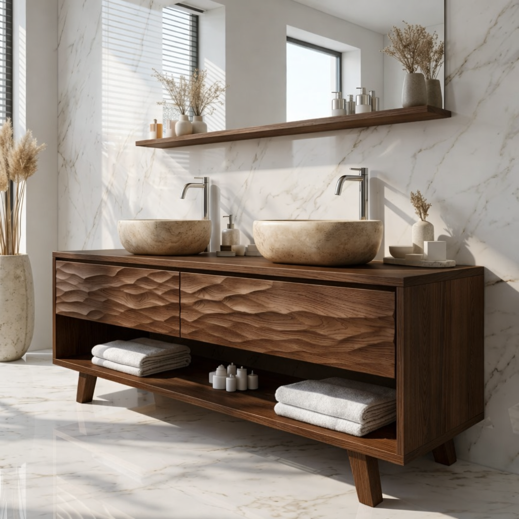 Modern Solid Wood Double Bathroom Vanity with Textured Front and Open Shelf Storage