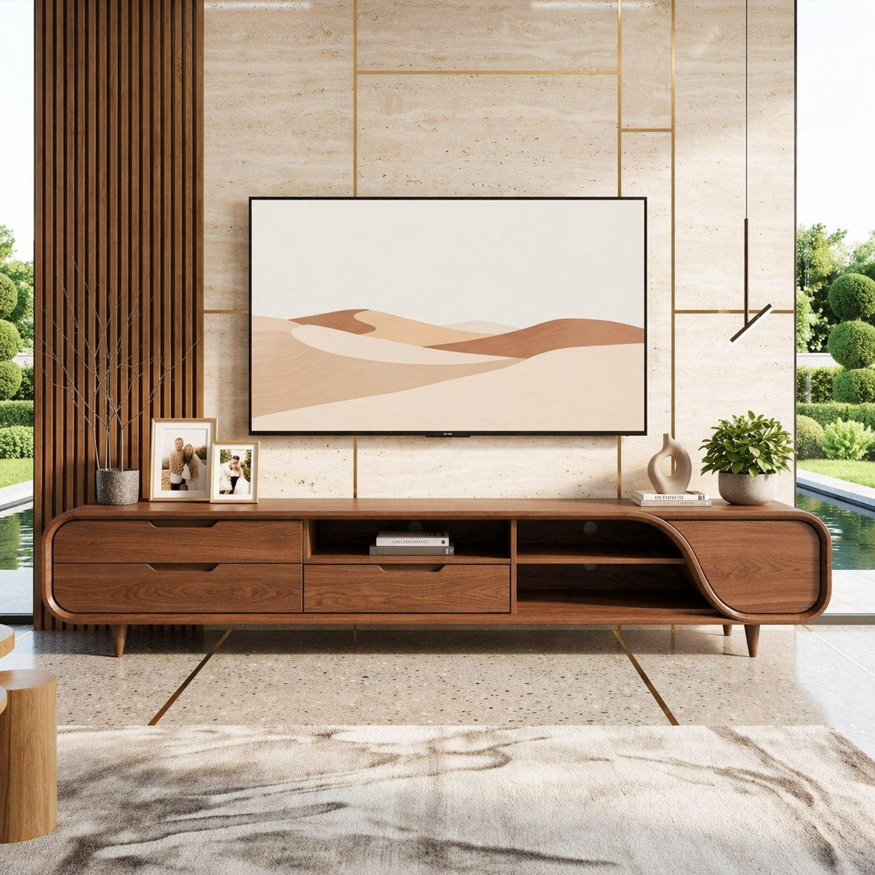 Modern Curved Entertainment Console, Sculptural Media Stand for Sophisticated Homes
