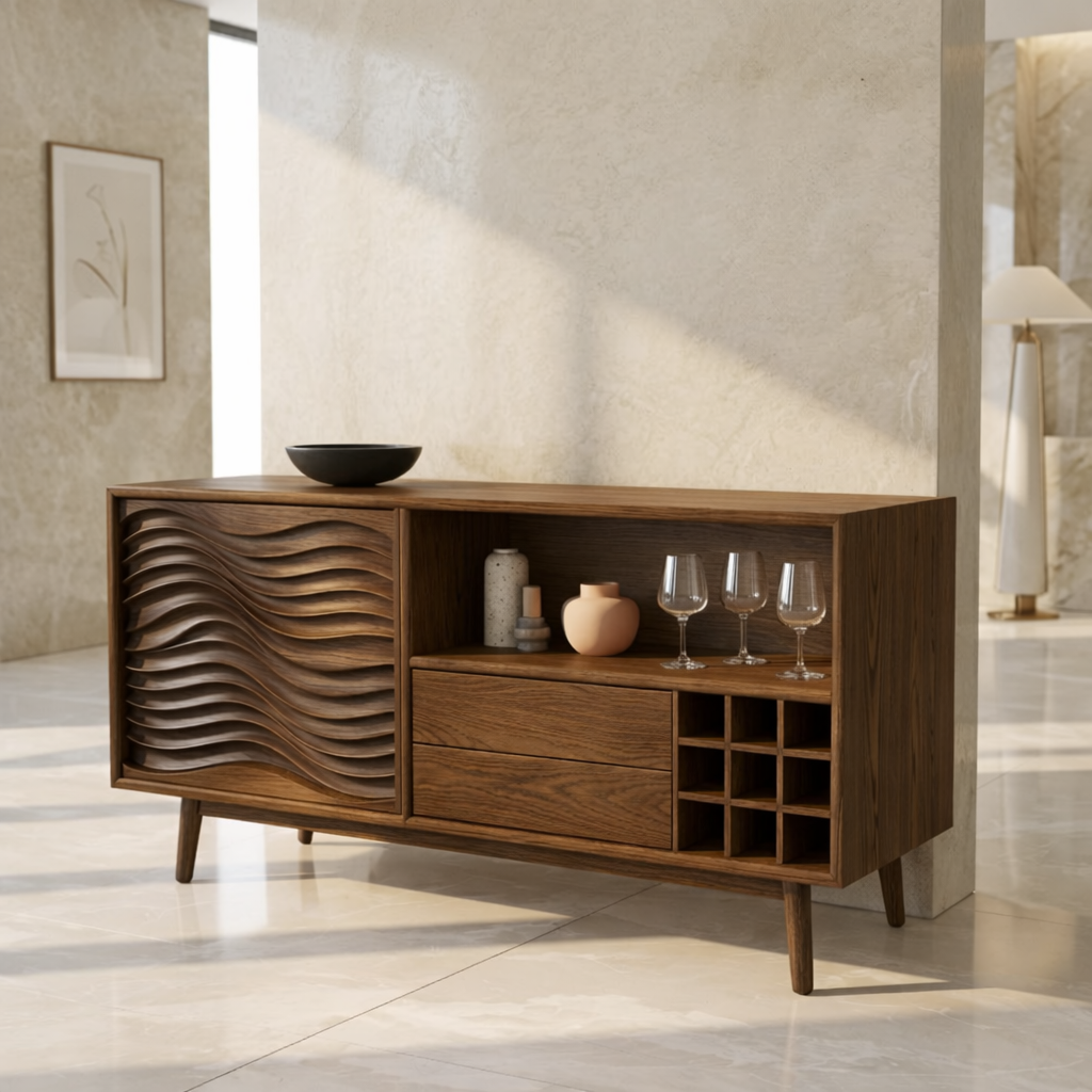 Modern Bar Cabinet Sideboard with Wave Door, Wine Cubby and Open Shelf