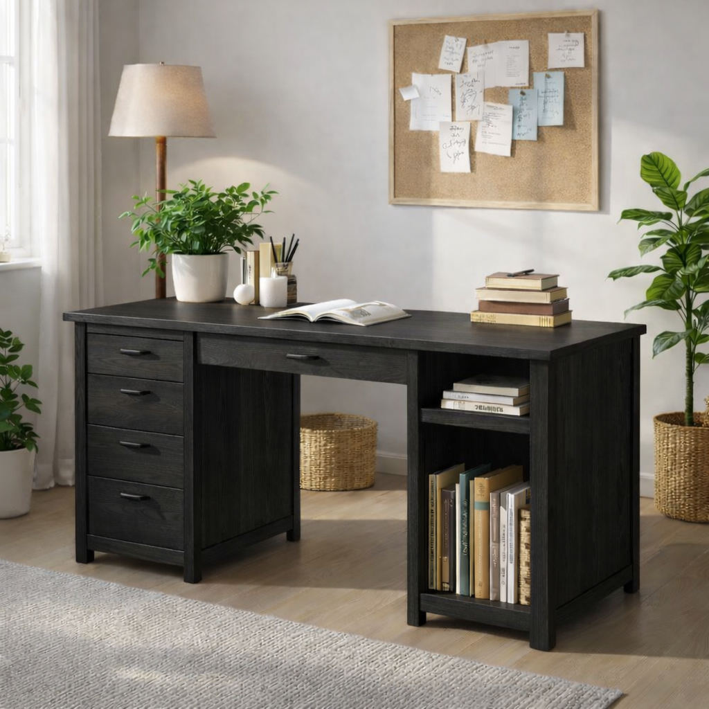Solid Oak Handmade Work Desk with Drawers and Open Storage Shelves