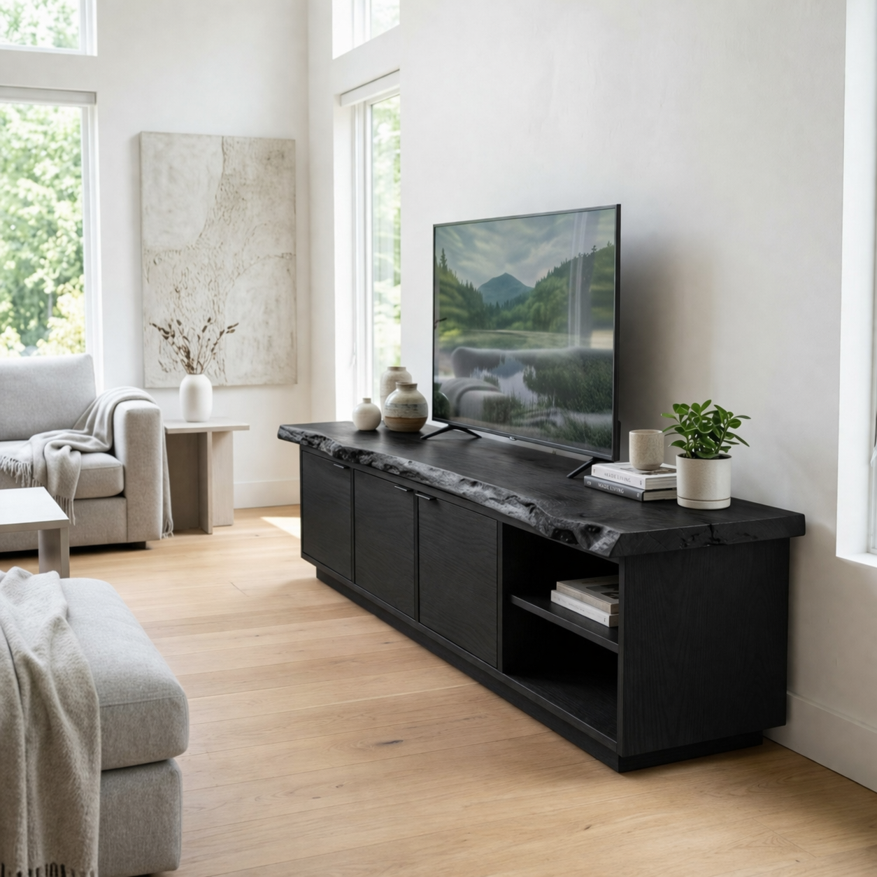 Live Edge Solid Wood Media Console – Modern TV Stand with Natural Storage