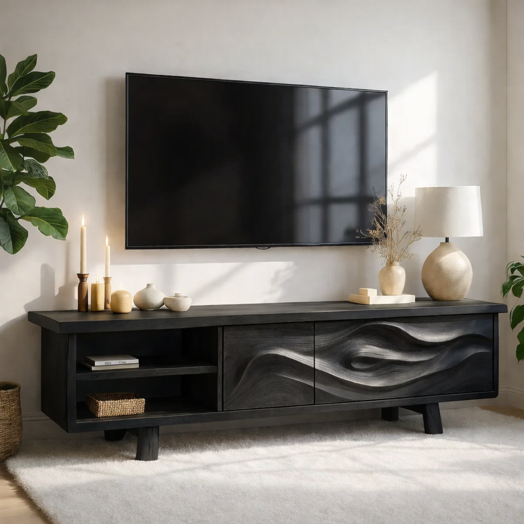 Live Edge Solid Wood TV Stand Walnut Media Console Hand Carved Modern Entertainment Unit