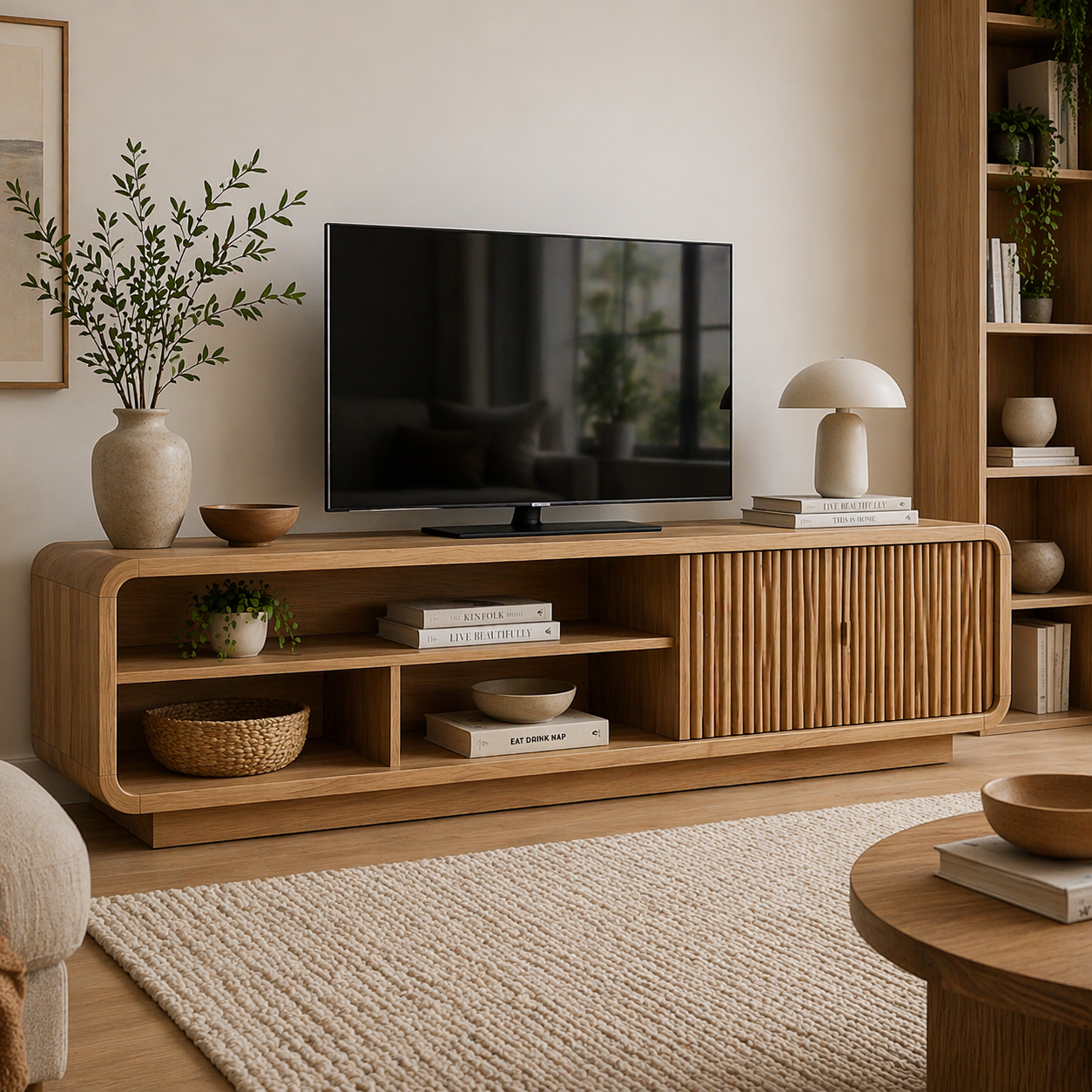 Mid Century Solid Wood TV Cabinet with Slatted Doors & Open Media Storage