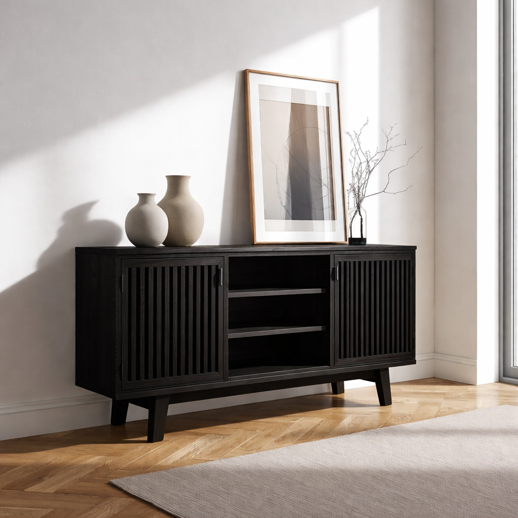 Modern Oak Console Cabinet with Vertical Slatted Doors – Stylish Storage for Living Room