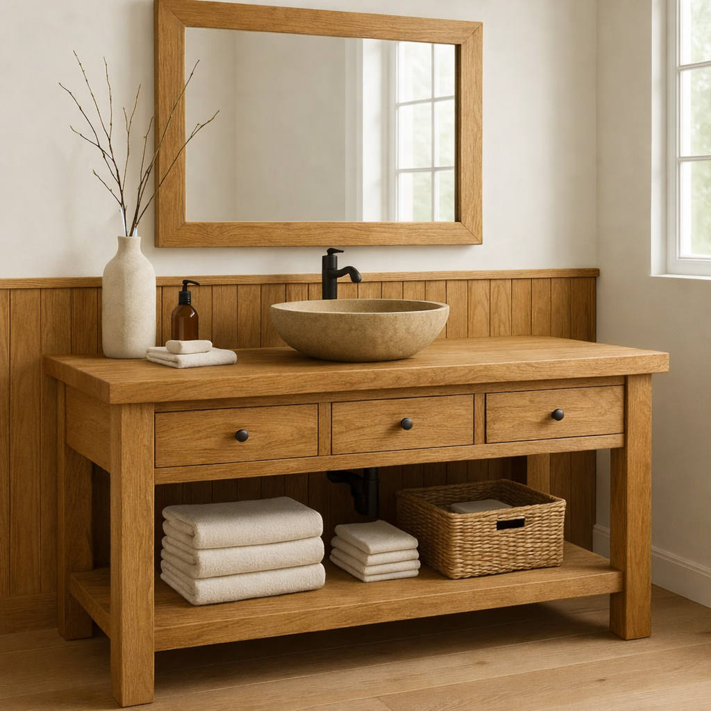 Rustic Solid Wood Bathroom Vanity with Vessel Sink – Modern Design with Storage