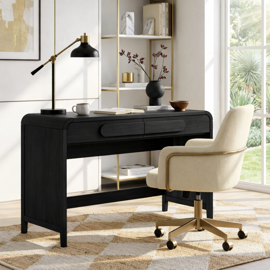 Modern Writing Desk with Storage Drawers and Open Shelf Home Office Desk