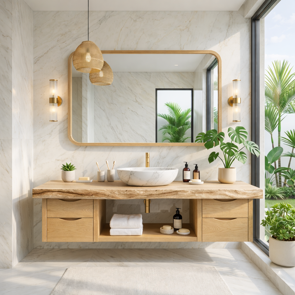 Floating Bathroom Vanity with Natural Wood, Modern Design, and Spacious Storage