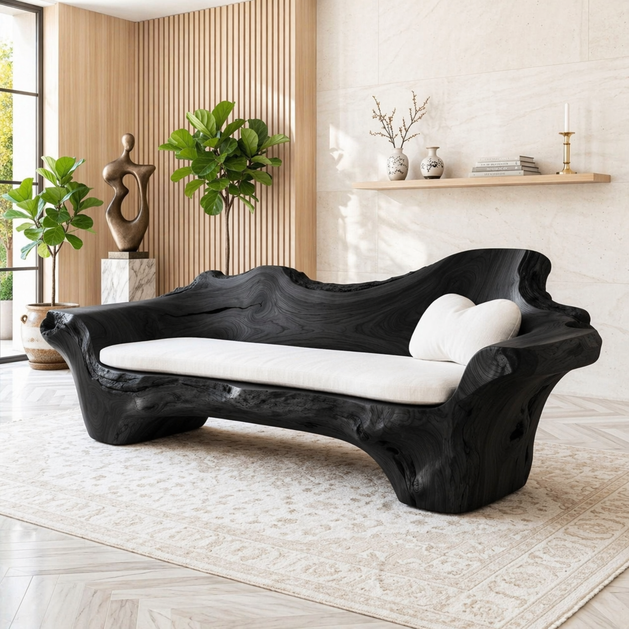 Modern Organic Sculptural Wooden Sofa, Handmade Statement Couch with Cream Cushion