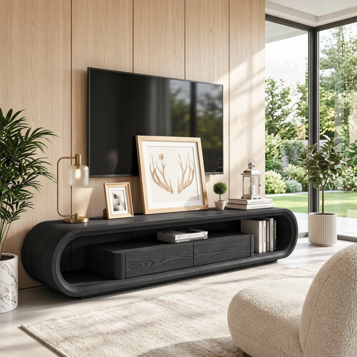 Modern Curved Entertainment Console, Sculptural TV Stand for Luxury Living Rooms