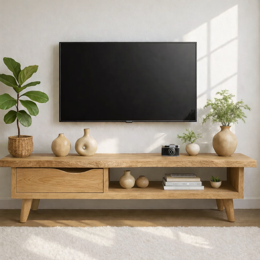 Handcrafted Solid Wood TV Stand with Drawer and Open Shelf, Mid Century Modern Media Console
